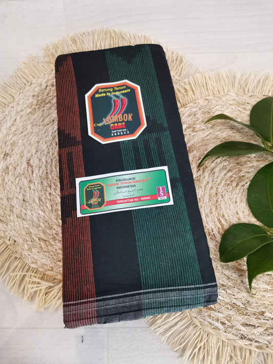 Heren sarong, sarung tenun, geweven en dichtgenaaid, Lombok, groen oranje