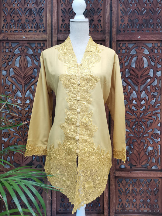 Kebaya oker, kebaja traditioneel, geel met borduur, maat S t/m XXL