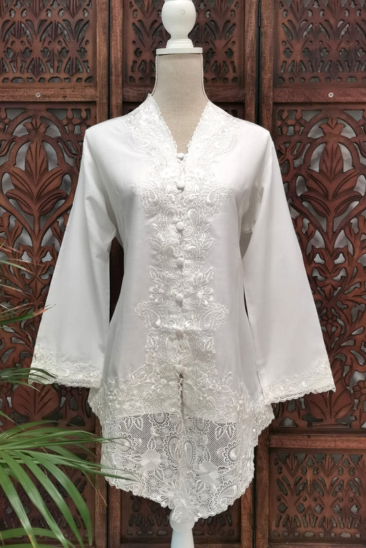 Kebaya gebroken wit, kebaja traditioneel, crème met borduur, maat S t/m XXL